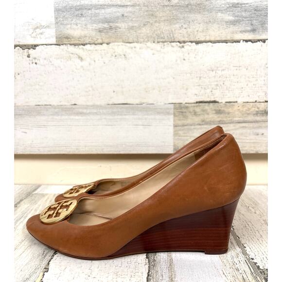 Tory Burch Shoes - Tory Burch Womens 9.5 Brown Leather Karma Wedge Open Toe Heel Sandal Pump